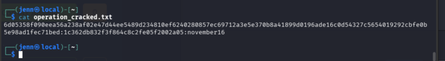 operation_cracked.txt showing the cracked password: november16